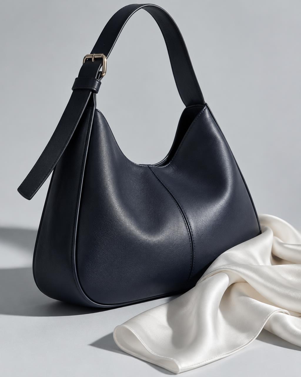 Unbranded navy leather shoulder bag with a white silk scarf
