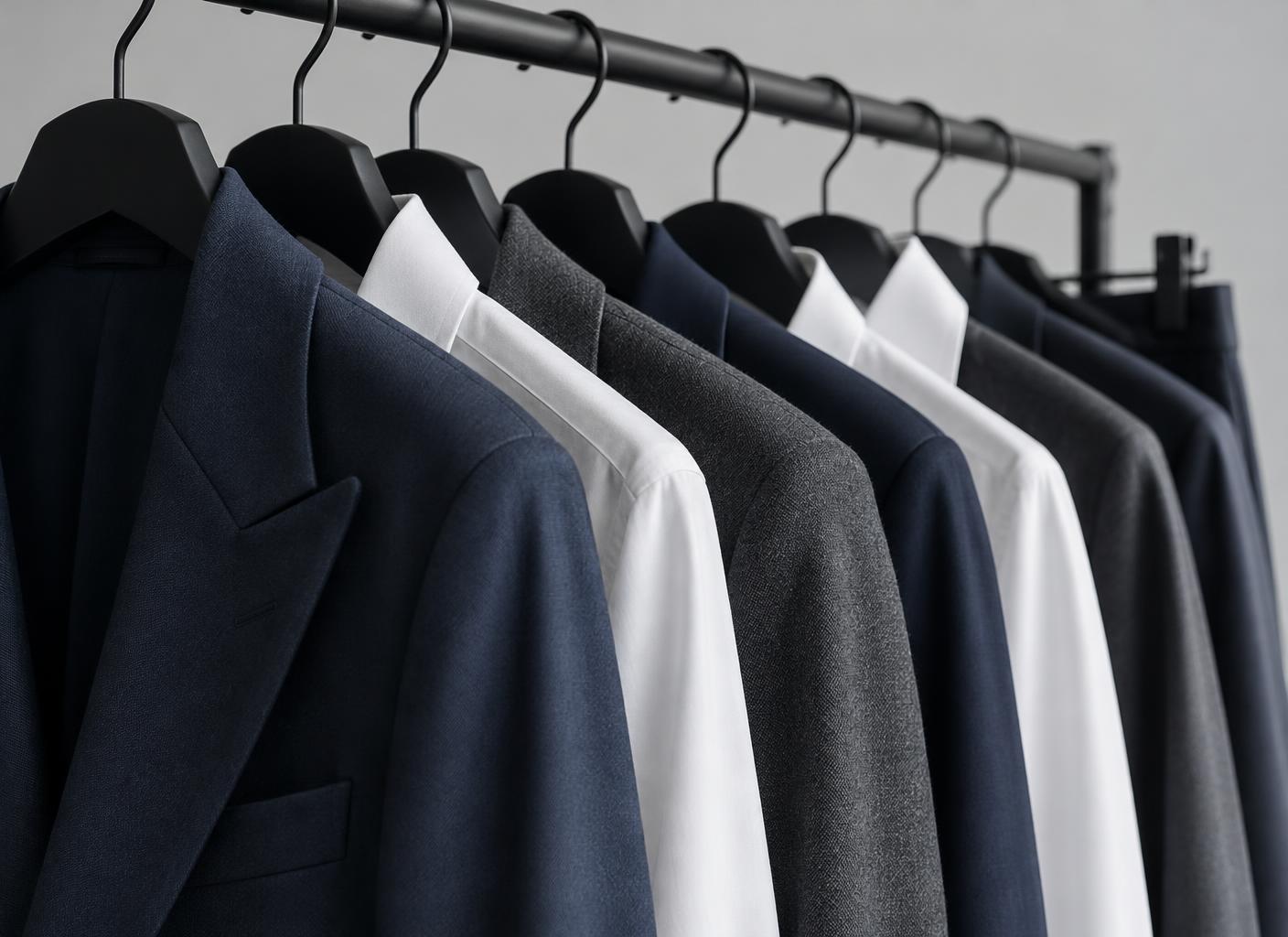 Detail of selected tailored clothing on an editorial collection rail